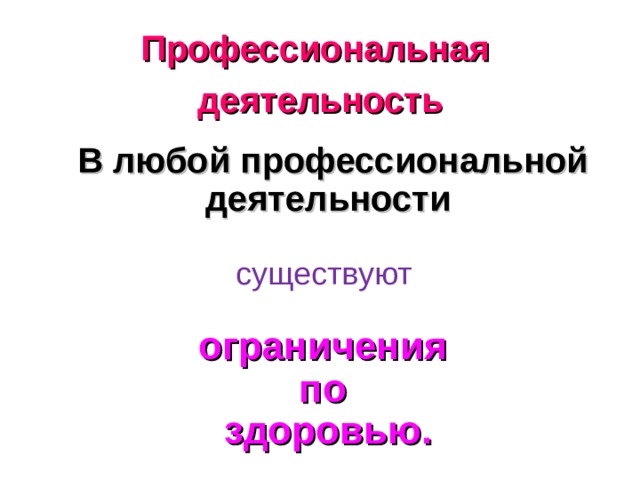 Профессиональная деятельность   В любой профессиональной деятельности  существуют ограничения по здоровью. 