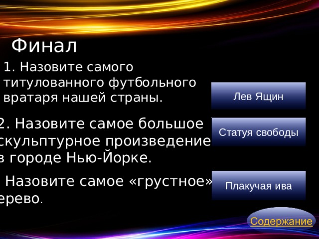 Финал 1. Назовите самого титулованного футбольного вратаря нашей страны. Лев Ящин 2. Назовите самое большое скульптурное произведение в городе Нью-Йорке. Статуя свободы 3. Назовите самое «грустное» дерево . Плакучая ива 