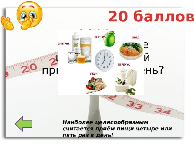 20 баллов Каков наиболее целесообразный приём пищи за день? Наиболее целесообразным считается приём пищи четыре или пять раз в день! 