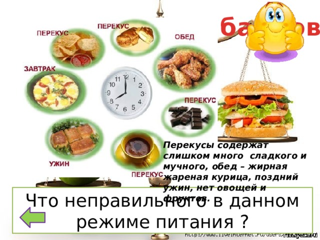 30 баллов Перекусы содержат слишком много сладкого и мучного, обед – жирная жареная курица, поздний ужин, нет овощей и фруктов. Что неправильного в данном режиме питания ? 