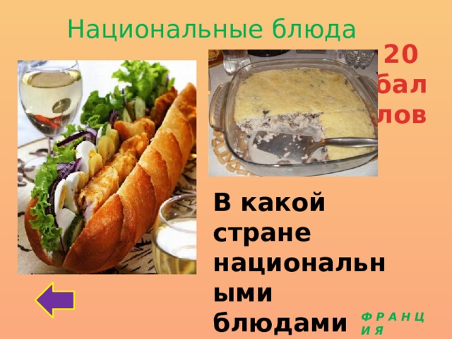 Национальные блюда 20 баллов В какой стране национальными блюдами является - багет и жульен? Ф Р А Н Ц И Я 