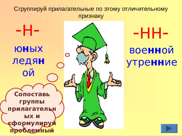 Сгруппируй прилагательные по этому отличительному признаку - Н - - НН - ю н ых ледя н ой вое нн ой утре нн ие Сопоставь группы прилагательных и сформулируй проблемный вопрос урока. 