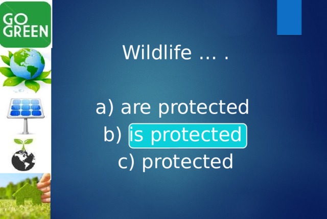 Wildlife … . a) are protected b) is protected c) protected 