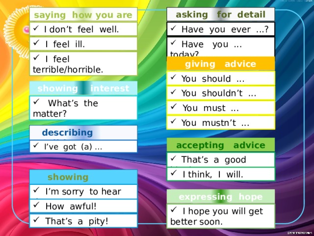 saying how you are asking for detail  Have you ever ...?  I don’t feel well.  Have you ... today?  I feel ill.  I feel terrible/horrible. giving advice  You should ... showing interest  You shouldn’t ...  What’s the matter?  You must ...  You mustn’t ...  describing condition accepting advice  I’ve got (a) ...  That’s a good idea!  I think, I will.  showing sympathy  I’m sorry to hear that. expressing hope  How awful!  I hope you will get better soon.  That’s a pity! 