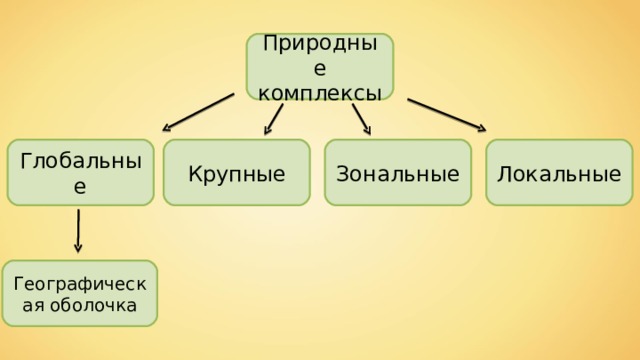 Природные комплексы Глобальные Крупные Зональные Локальные Географическая оболочка 