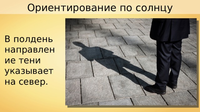 Ориентирование по солнцу В полдень направление тени указывает на север. 