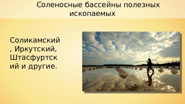  Соленосные  бассейны полезных ископаемых Соликамский, Иркутский, Штасфуртский и другие. 