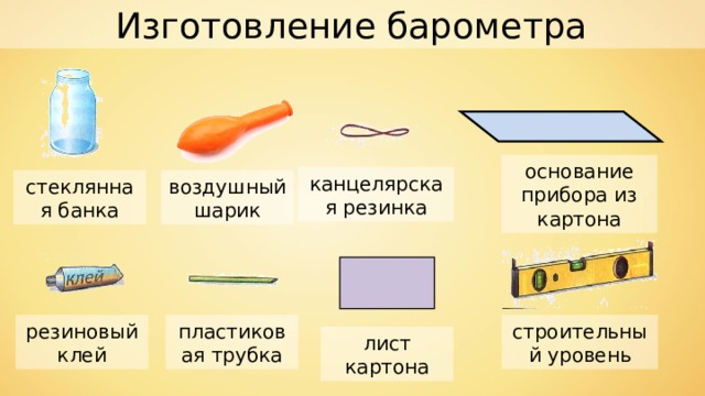Изготовление барометра основание прибора из картона канцелярская резинка воздушный шарик стеклянная банка резиновый клей пластиковая трубка строительный уровень лист картона 