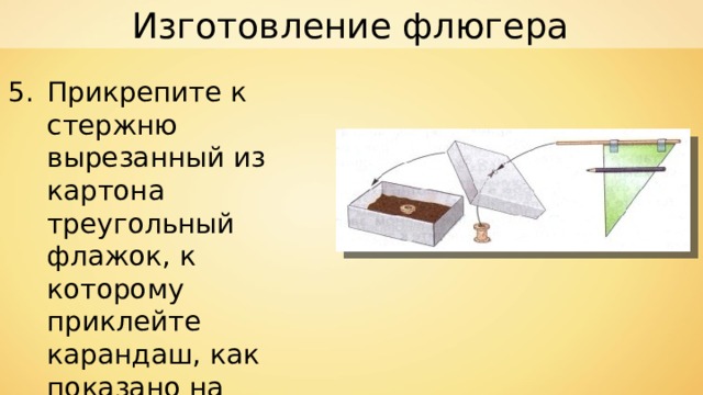 Изготовление флюгера Прикрепите к стержню вырезанный из картона треугольный флажок, к которому приклейте карандаш, как показано на рисунке. 