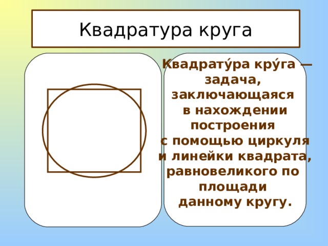 Квадратура круга  Квадрату́ра кру́га — задача, заключающаяся в нахождении построения с помощью циркуля  и линейки квадрата, равновеликого по площади данному кругу.   