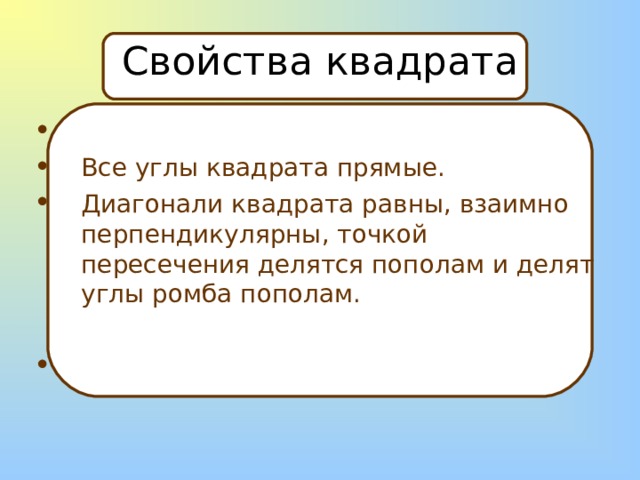 Свойства квадрата Все углы квадрата прямые. Диагонали квадрата равны, взаимно перпендикулярны, точкой пересечения делятся пополам и делят углы ромба пополам.  