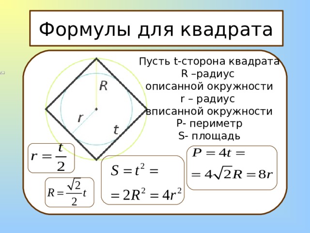 Формулы для квадрата Пусть t- сторона квадрата R – радиус описанной окружности r – радиус вписанной окружности P - периметр S - площадь 