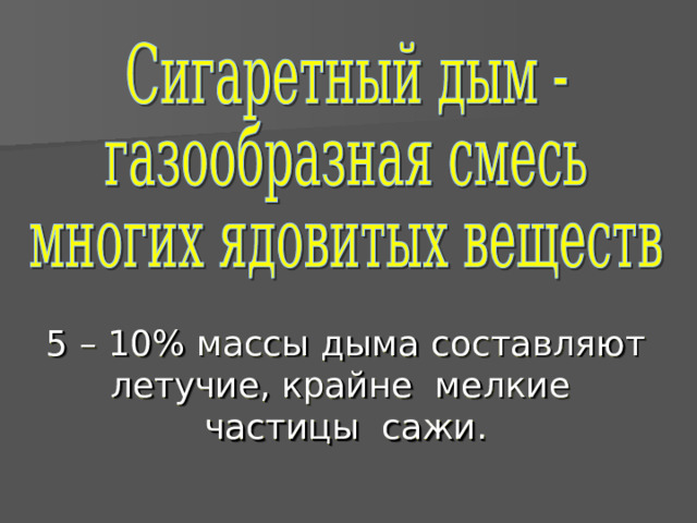 5 – 10% массы дыма составляют летучие, крайне мелкие частицы сажи.  