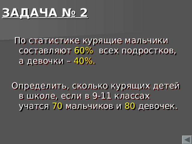 ЗАДАЧА № 2  По статистике курящие мальчики составляют 60% всех подростков, а девочки – 40%. Определить, сколько курящих детей в школе, если в 9-11 классах учатся 70 мальчиков и 80 девочек.  