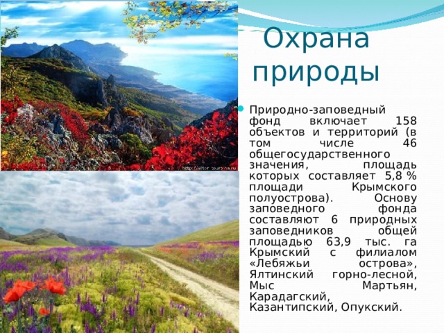 Охрана природы Природно-заповедный фонд включает 158 объектов и территорий (в том числе 46 общегосударственного значения, площадь которых составляет 5,8 % площади Крымского полуострова). Основу заповедного фонда составляют 6 природных заповедников общей площадью 63,9 тыс. га Крымский с филиалом «Лебяжьи острова», Ялтинский горно-лесной, Мыс Мартьян, Карадагский, Казантипский, Опукский. 