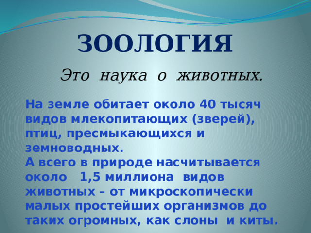 Зоология Это наука о животных. На земле обитает около 40 тысяч видов млекопитающих (зверей), птиц, пресмыкающихся и земноводных. А всего в природе насчитывается около 1,5 миллиона видов животных – от микроскопически малых простейших организмов до таких огромных, как слоны и киты. 