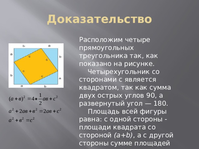 Доказательство Расположим четыре прямоугольных треугольника так, как показано на рисунке.  Четырехугольник со сторонами c является квадратом, так как сумма двух острых углов 90, а развернутый угол — 180.  Площадь всей фигуры равна: с одной стороны - площади квадрата со стороной (a+b) , а с другой стороны сумме площадей четырех треугольников и внутреннего квадрата. 