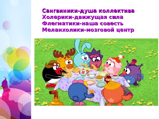 Сангвиники-душа коллектива  Холерики-движущая сила  Флегматики-наша совесть  Меланхолики-мозговой центр  