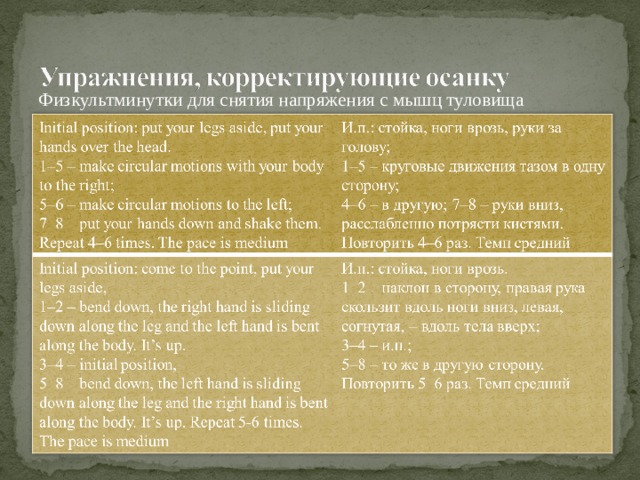 Физкультминутки для снятия напряжения с мышц туловища    