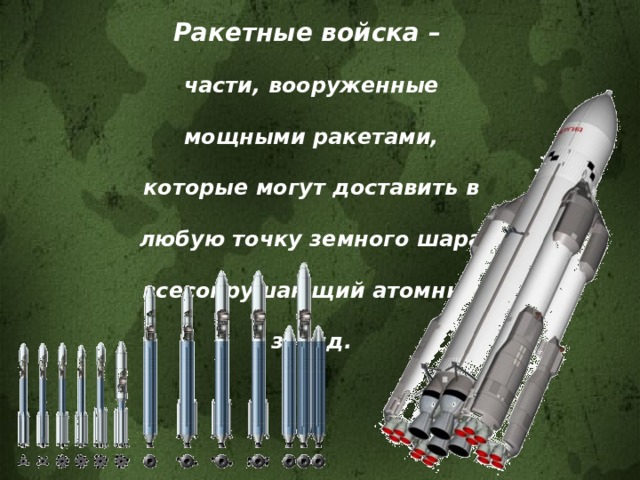 Ракетные войска – части, вооруженные мощными ракетами, которые могут доставить в любую точку земного шара всесокрушающий атомный заряд.   