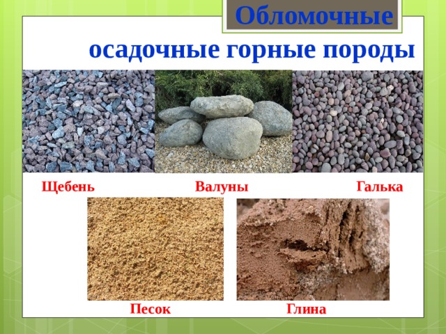  Обломочные  осадочные горные породы  Щебень Валуны Галька Песок Глина 