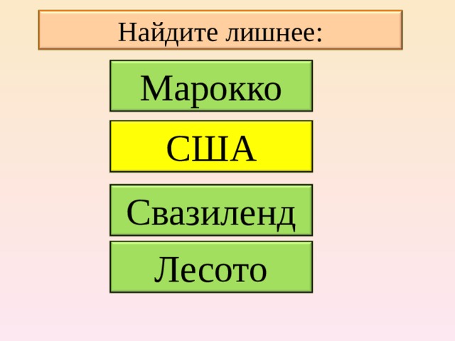 Найдите лишнее: Марокко США США Свазиленд Лесото 