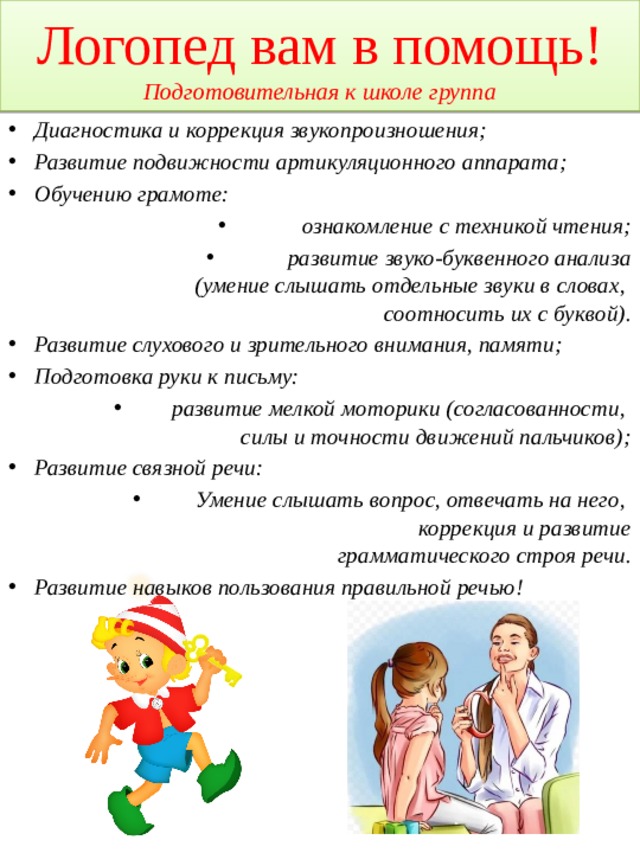 Логопед вам в помощь!  Подготовительная к школе группа Диагностика и коррекция звукопроизношения; Развитие подвижности артикуляционного аппарата; Обучению грамоте: ознакомление с техникой чтения; развитие звуко-буквенного анализа  (умение слышать отдельные звуки в словах,  соотносить их с буквой). Развитие слухового и зрительного внимания, памяти; Подготовка руки к письму: развитие мелкой моторики (согласованности,  силы и точности движений пальчиков); Развитие связной речи: Умение слышать вопрос, отвечать на него,  коррекция и развитие  грамматического строя речи. Развитие навыков пользования правильной речью!    
