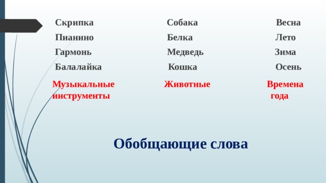 Скрипка Собака Весна Пианино Белка Лето Гармонь Медведь Зима Балалайка Кошка Осень Музыкальные Животные Времена  инструменты года Обобщающие слова 