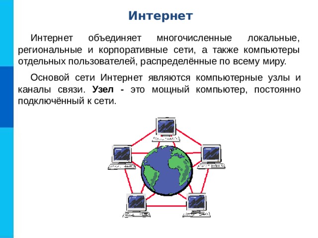 Интернет Интернет объединяет многочисленные локальные, региональные и корпоративные сети, а также компьютеры отдельных пользователей, распределённые по всему миру. Основой сети Интернет являются компьютерные узлы и каналы связи. Узел - это мощный компьютер, постоянно подключённый к сети. 