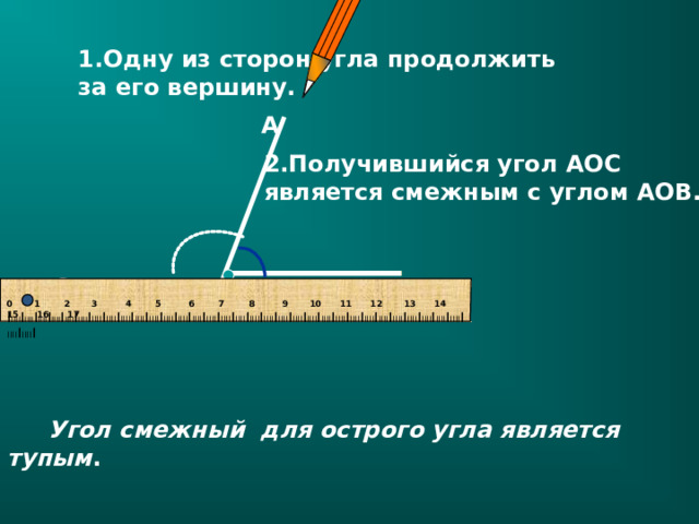 1.Одну из сторон угла продолжить за его вершину. А 2.Получившийся угол АОС является смежным с углом АОВ.  С О В 0 1  2 3  4 5  6 7 8  9 10 11 12 13 14 15 16 17 I IIII I IIII I IIII I IIII I IIII I IIII I IIII I IIII I IIII I IIII I IIII I IIII I IIII I IIII I IIII I IIII I IIII I IIII I IIII I IIII I IIII I IIII I IIII I IIII I IIII I IIII I IIII I IIII I IIII I IIII I IIII I IIII I IIII I IIII I  Угол смежный для острого угла является тупым . 