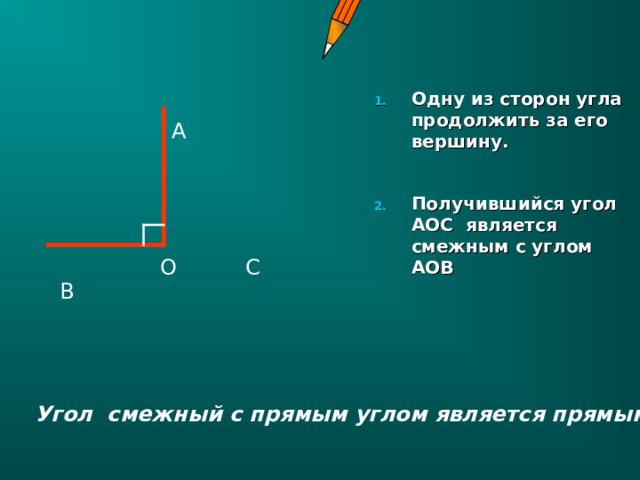 Одну из сторон угла продолжить за его вершину.  Получившийся угол АОС является смежным с углом АОВ А С О В  Угол смежный с прямым углом является прямым  