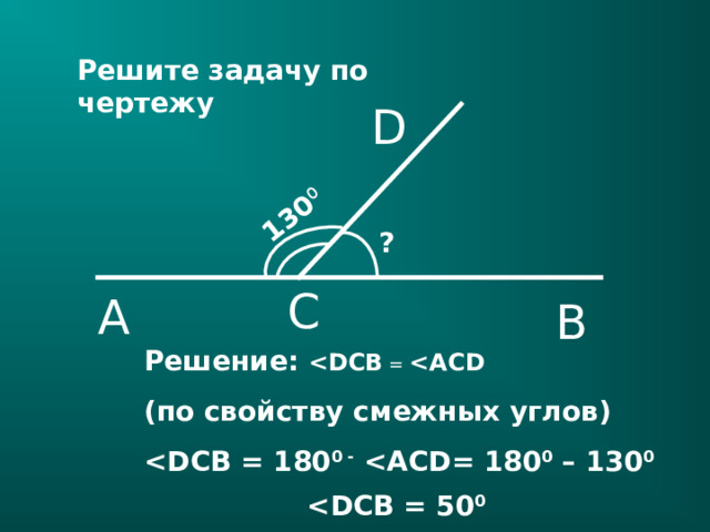 130 0 Решите задачу по чертежу D ? C A B Решение:  =  ( по свойству смежных углов )  0 -  0 – 130 0   0  21 