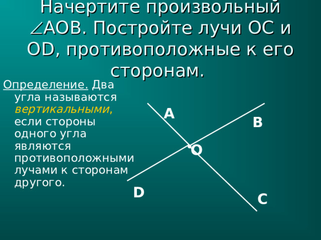 Начертите произвольный  AOB . Постройте лучи OC и OD , противоположные к его сторонам. Определение. Два угла называются вертикальными , если стороны одного угла являются противоположными лучами к сторонам другого. А В О D С 