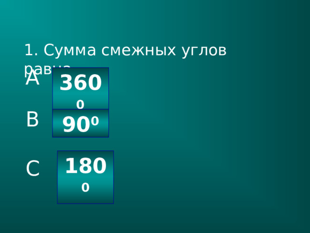 1. Сумма смежных углов равна…. A 360 0 B 90 0 180 0 C 