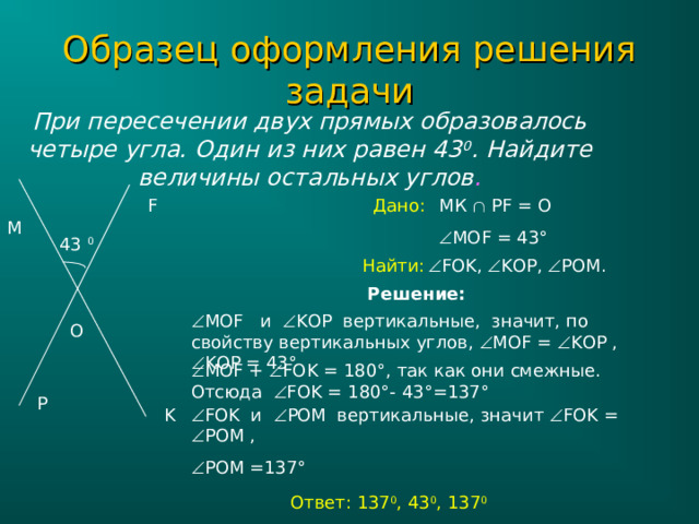 Образец оформления решения задачи При пересечении двух прямых образовалось четыре угла. Один из них равен 43 0 . Найдите величины остальных углов . МК   PF = О Дано: F  МО F = 43 ° M 43 0  FOK,  KOP,  POM.  Найти: Решение:  МО F и  KOP вертикальные, значит, по свойству вертикальных углов,  МО F =  KOP ,  KOP = 43 ° O  МО F +  FOK = 180 ° , так как они смежные. Отсюда  FOK = 180 ° - 43 ° =137 ° P K  FOK и  POM вертикальные, значит  FOK =  POM ,  POM =137 ° Ответ: 137 0 , 43 0 , 137 0 