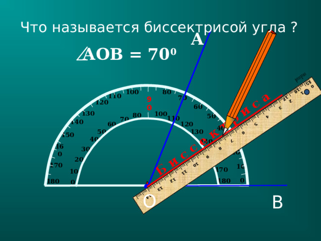 Б и с с е к т р и с а I IIII I IIII I IIII I IIII I IIII I IIII I IIII I IIII I IIII I IIII I IIII I IIII I IIII I IIII I IIII I IIII I IIII I IIII I IIII I IIII I IIII I IIII I IIII I IIII I IIII I IIII I IIII I IIII I IIII I IIII I IIII I IIII I IIII I IIII I 0 1  2 3  4 5  6 7 8  9 10 11 12 13 14 15 16 17 Что называется биссектрисой угла ? А А OB = 70 0 100 80 110 70 90 120 60 130 100 80 50 110 70 140 60 120 40 130 50 150 40 30 140 160 30 150 20 160 20 170 10 170 10 0 180  180 0 O B 