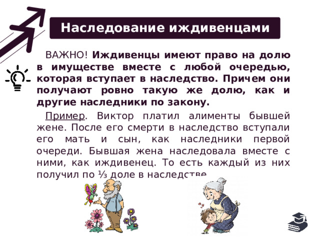 Наследование иждивенцами ВАЖНО! Иждивенцы имеют право на долю в имуществе вместе с любой очередью, которая вступает в наследство. Причем они получают ровно такую же долю, как и другие наследники по закону. Пример . Виктор платил алименты бывшей жене. После его смерти в наследство вступали его мать и сын, как наследники первой очереди. Бывшая жена наследовала вместе с ними, как иждивенец. То есть каждый из них получил по ⅓ доле в наследстве. 