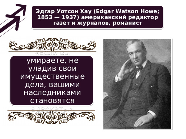 Эдгар Уотсон Хау (Edgar Watson Howe; 1853 — 1937) американский редактор газет и журналов, романист «Если вы умираете, не уладив свои имущественные дела, вашими наследниками становятся адвокаты» 