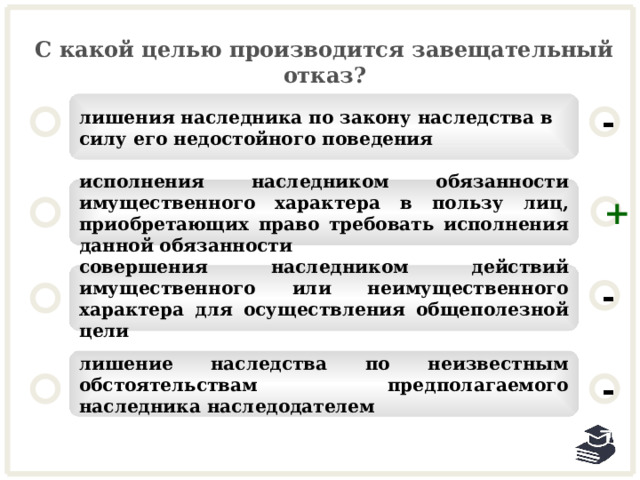 С какой целью производится завещательный отказ? лишения наследника по закону наследства в силу его недостойного поведения - исполнения наследником обязанности имущественного характера в пользу лиц, приобретающих право требовать исполнения данной обязанности + совершения наследником действий имущественного или неимущественного характера для осуществления общеполезной цели - лишение наследства по неизвестным обстоятельствам предполагаемого наследника наследодателем - 24 