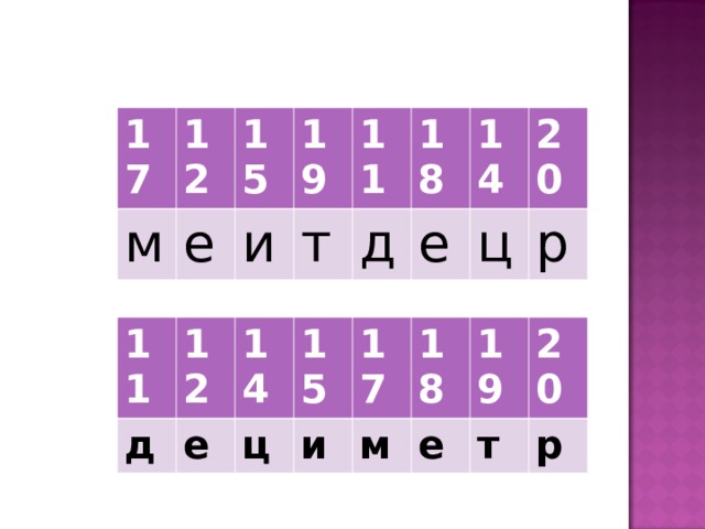 17 12 м 15 е 19 и 11 т 18 д 14 е 20 ц р 11 12 д 14 е 15 ц 17 и 18 м 19 е 20 т р 