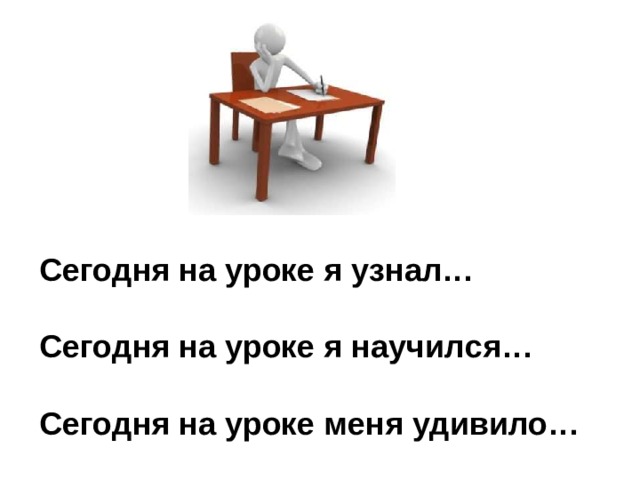 Сегодня на уроке я узнал…  Сегодня на уроке я научился…  Сегодня на уроке меня удивило… 