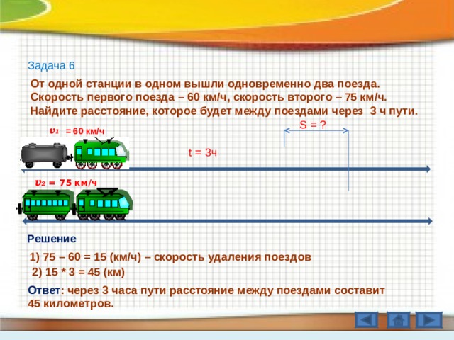 Задача 6 От одной станции в одном вышли одновременно два поезда. Скорость первого поезда – 60 км/ч, скорость второго – 75 км/ч. Найдите расстояние, которое будет между поездами через 3 ч пути. S = ? v 1 = 60 км / ч t = 3 ч v 2  = 75 км / ч Решение 1) 75 – 60 = 15 (км / ч) – скорость удаления поездов 2) 15 * 3 = 45 (км) Ответ : через 3 часа пути расстояние между поездами составит 45 километров. 