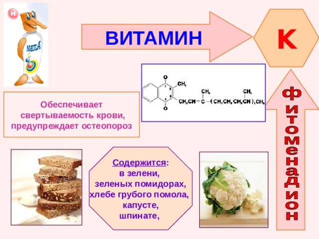 K ВИТАМИН  Обеспечивает  свертываемость крови, предупреждает остеопороз Содержится : в зелени, зеленых помидорах, хлебе грубого помола,  капусте, шпинате, 