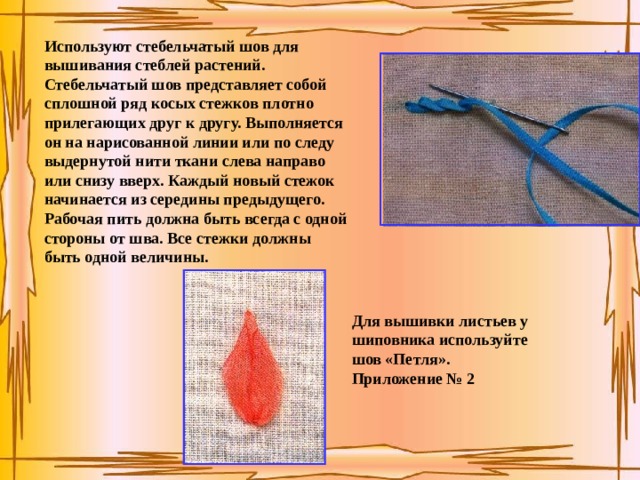 Используют стебельчатый шов для вышивания стеблей растений. Стебельчатый шов представляет собой сплошной ряд косых стежков плотно прилегающих друг к другу. Выполняется он на нарисованной линии или по следу выдернутой нити ткани слева направо или снизу вверх. Каждый новый стежок начинается из середины предыдущего. Рабочая пить должна быть всегда с одной стороны от шва. Все стежки должны быть одной величины. Для вышивки листьев у шиповника используйте шов «Петля». Приложение № 2 
