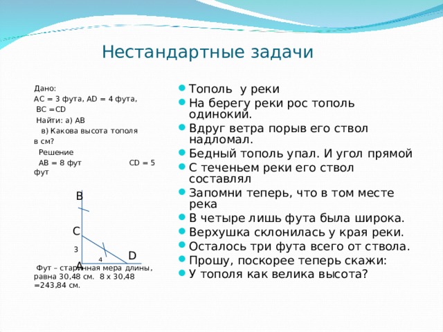 B Нестандартные задачи Дано: АС = 3 фута, А D = 4 фута,  BC =CD  Найти:  а) AB  в) Какова высота тополя в см?  Решение  AB = 8 фут С D = 5 фут  Фут – старинная мера длины, равна 30,48 см. 8 х 30,48 =243,84 см. Тополь у реки На берегу реки рос тополь одинокий. Вдруг ветра порыв его ствол надломал. Бедный тополь упал. И угол прямой С теченьем реки его ствол составлял Запомни теперь, что в том месте река В четыре лишь фута была широка. Верхушка склонилась у края реки. Осталось три фута всего от ствола. Прошу, поскорее теперь скажи: У тополя как велика высота?  C 3 D 4 A  