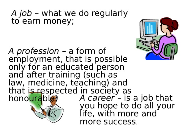 A job – what we do regularly to earn money; A profession – a form of employment, that is possible only for an educated person and after training (such as law, medicine, teaching) and that is respected in society as honourable; A career – is a job that you hope to do all your life, with more and more success . 
