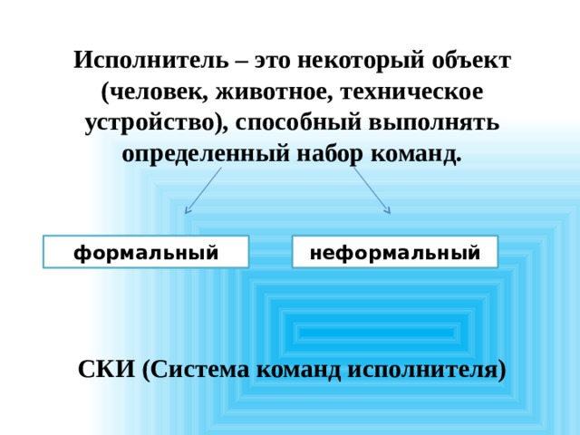 Исполнитель – это некоторый объект (человек, животное, техническое устройство), способный выполнять определенный набор команд.       СКИ (Система команд исполнителя) формальный неформальный 