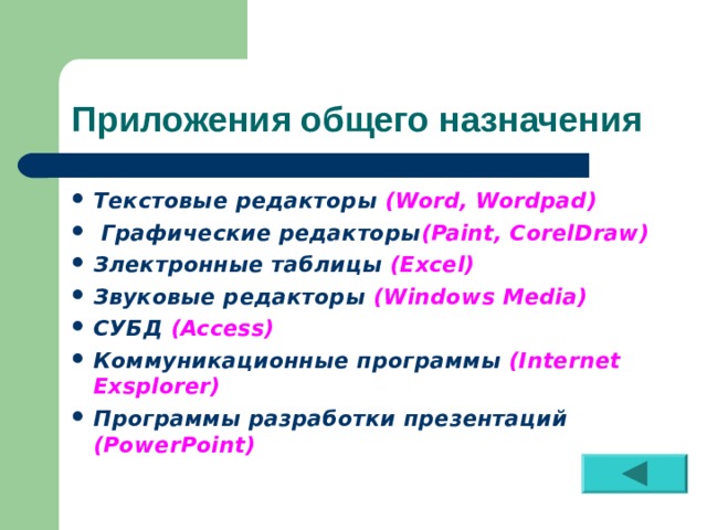 Приложения общего назначения Текстовые редакторы ( Word, Wordpad )  Графические редакторы (Paint, CorelDraw) Злектронные таблицы ( Excel ) Звуковые редакторы  (Windows Media) СУБД  (Access) Коммуникационные программы ( Internet Exsplorer ) Программы разработки презентаций  (PowerPoint) 