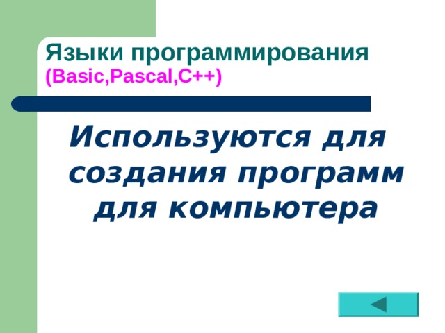 Языки программирования  ( Basic,Pascal,C++ ) Используются для создания программ для компьютера 