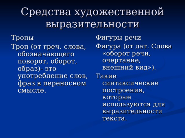 Средства художественной выразительности Тропы Троп (от греч. слова, обозначающего поворот, оборот, образ)- это употребление слов, фраз в переносном смысле. Фигуры речи Фигура (от лат. Слова «оборот речи, очертание, внешний вид»). Такие синтаксические построения, которые используются для выразительности текста. 